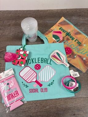 Pickleball Social Club Gift Set Bundle Tote Bag + Accessories Preppy Pink Green